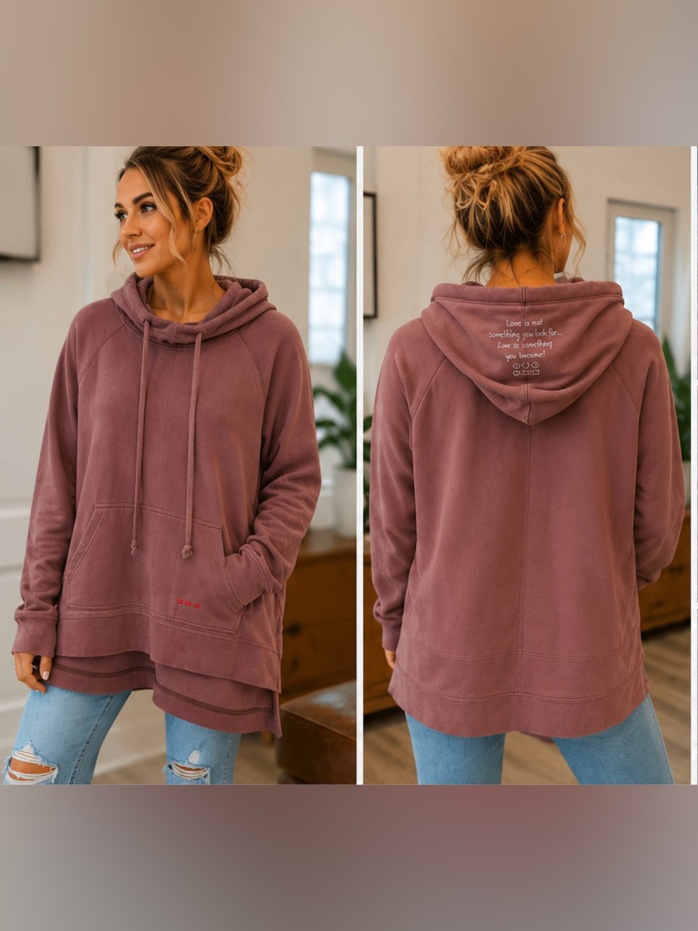 Peace Love World Women’s Medium Mauve Oversized Cowl Hood Sweatshirt NWOT
